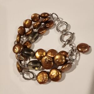 Silpada Sterling/Bronze Coin Pearl/Smokey Quartz Bracelet